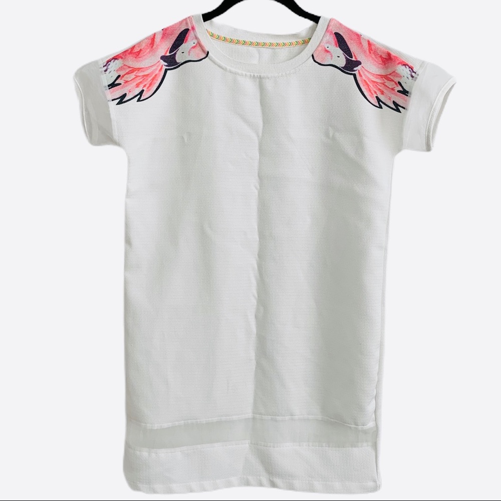 Unique Bird Detail White Mini Mesh T-Shirt Dress
